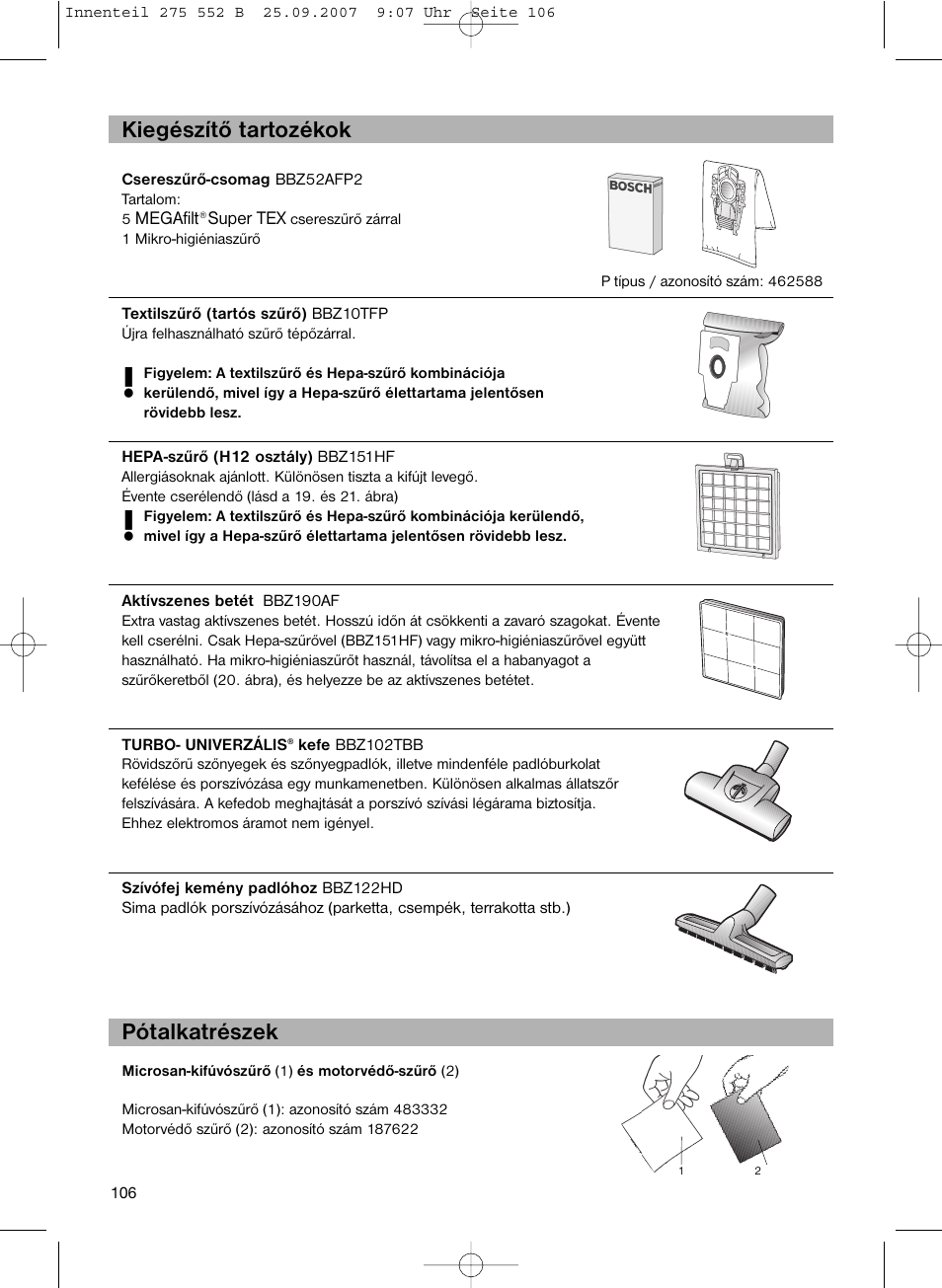 Kiegészítő tartozékok pótalkatrészek | Bosch BSG8PRO1 User Manual | Page 111 / 157