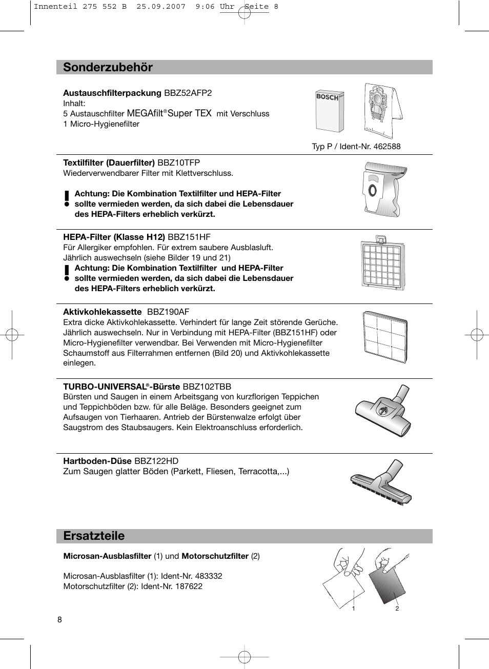 De sonderzubehör ersatzteile | Bosch BSG8PRO1 User Manual | Page 13 / 157