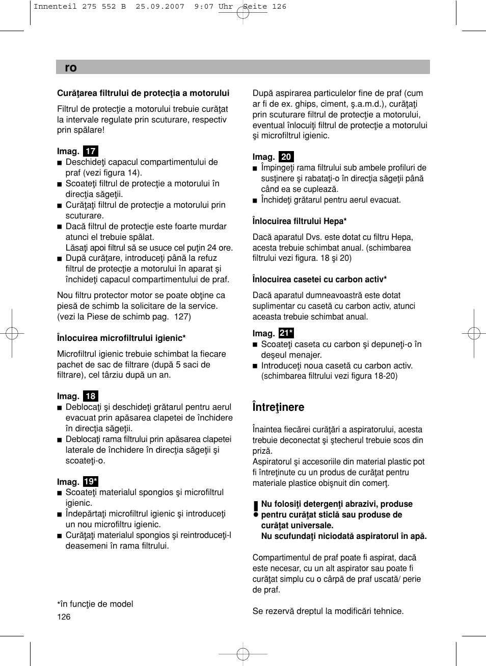 Întreøinere | Bosch BSG8PRO1 User Manual | Page 131 / 157