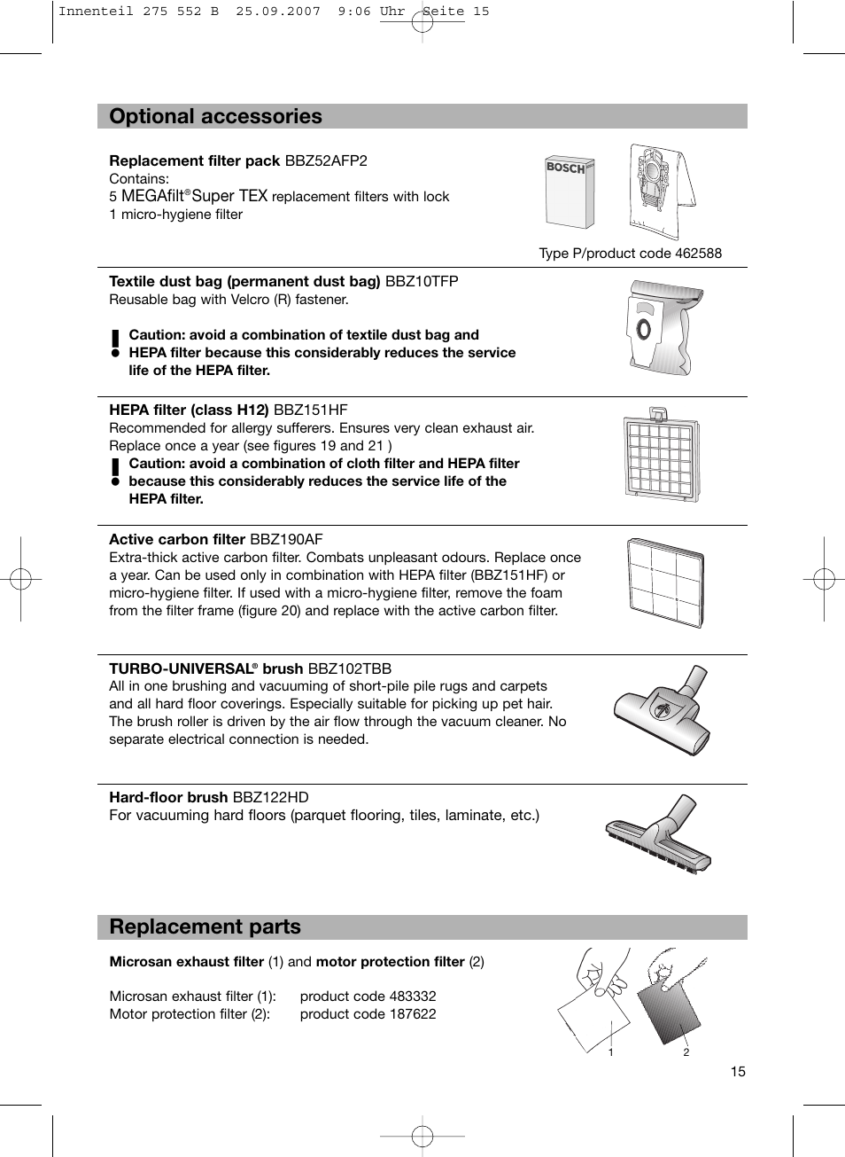 Optional accessories replacement parts | Bosch BSG8PRO1 User Manual | Page 20 / 157