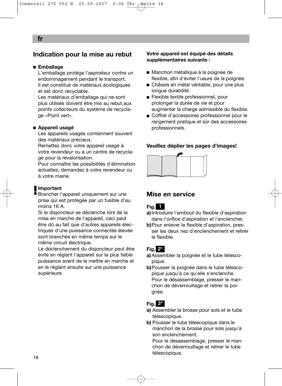 De fr, Indication pour la mise au rebut, Mise en service | Bosch BSG8PRO1 User Manual | Page 23 / 157