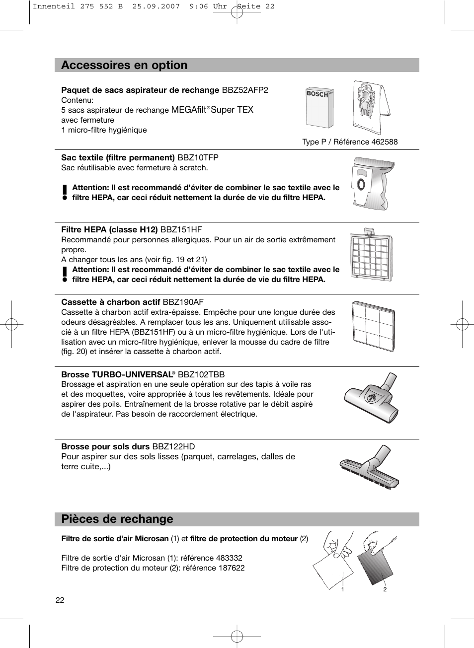 De accessoires en option pièces de rechange | Bosch BSG8PRO1 User Manual | Page 27 / 157