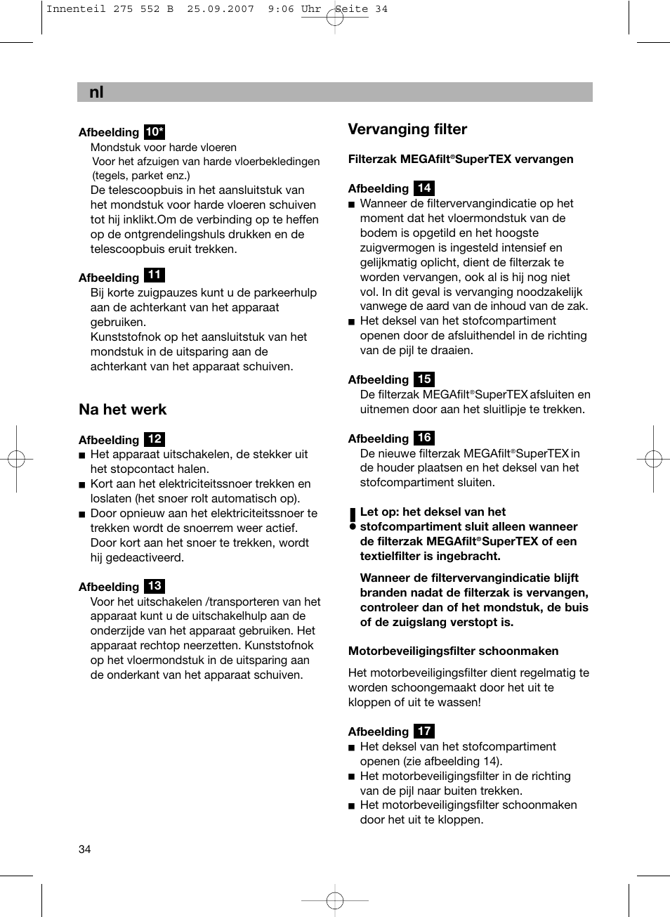 Vervanging filter, Na het werk | Bosch BSG8PRO1 User Manual | Page 39 / 157