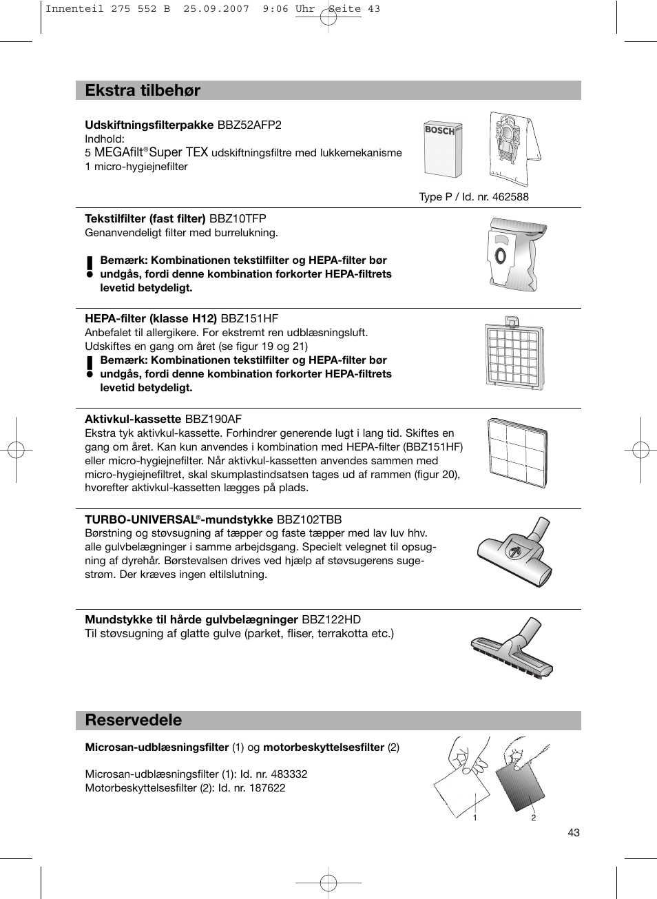 Ekstra tilbehør reservedele | Bosch BSG8PRO1 User Manual | Page 48 / 157