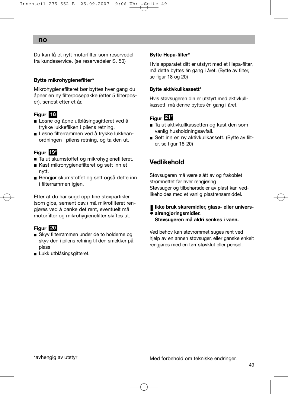 Vedlikehold | Bosch BSG8PRO1 User Manual | Page 54 / 157