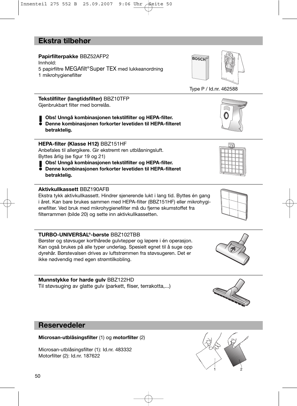 Ekstra tilbehør reservedeler | Bosch BSG8PRO1 User Manual | Page 55 / 157