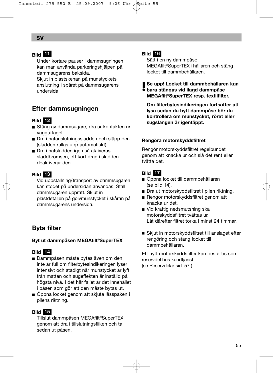 Efter dammsugningen, Byta filter | Bosch BSG8PRO1 User Manual | Page 60 / 157