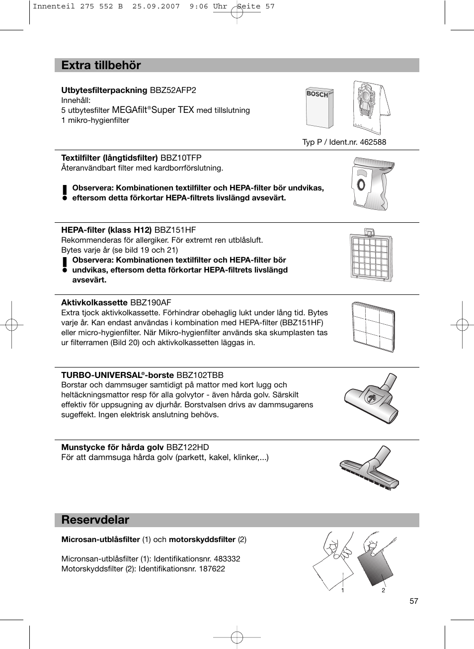 Extra tillbehör reservdelar | Bosch BSG8PRO1 User Manual | Page 62 / 157