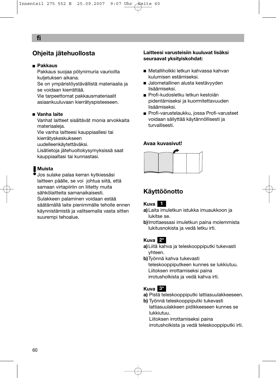 De fi, Ohjeita jätehuollosta, Käyttöönotto | Bosch BSG8PRO1 User Manual | Page 65 / 157