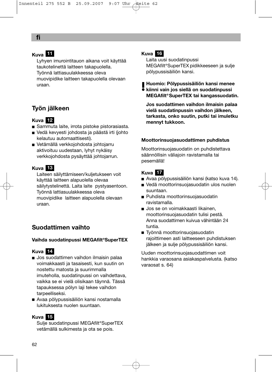 Työn jälkeen, Suodattimen vaihto | Bosch BSG8PRO1 User Manual | Page 67 / 157