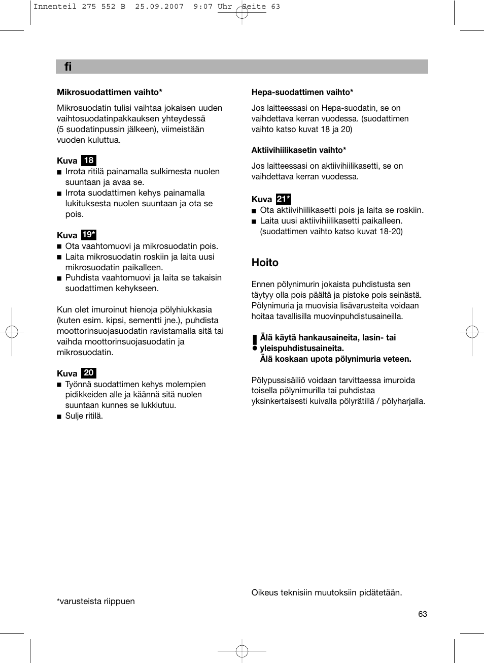 Hoito | Bosch BSG8PRO1 User Manual | Page 68 / 157