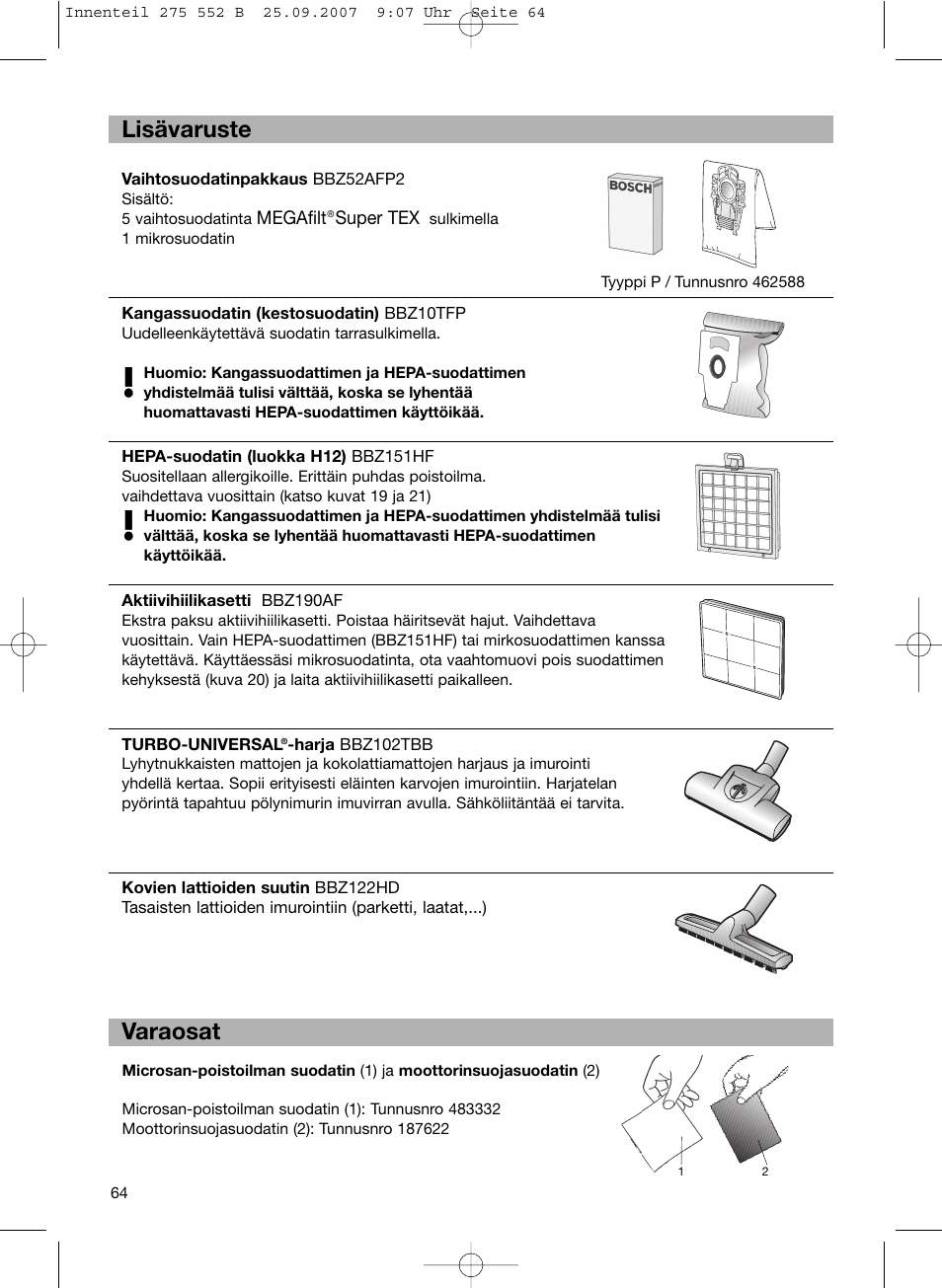 Lisävaruste varaosat | Bosch BSG8PRO1 User Manual | Page 69 / 157