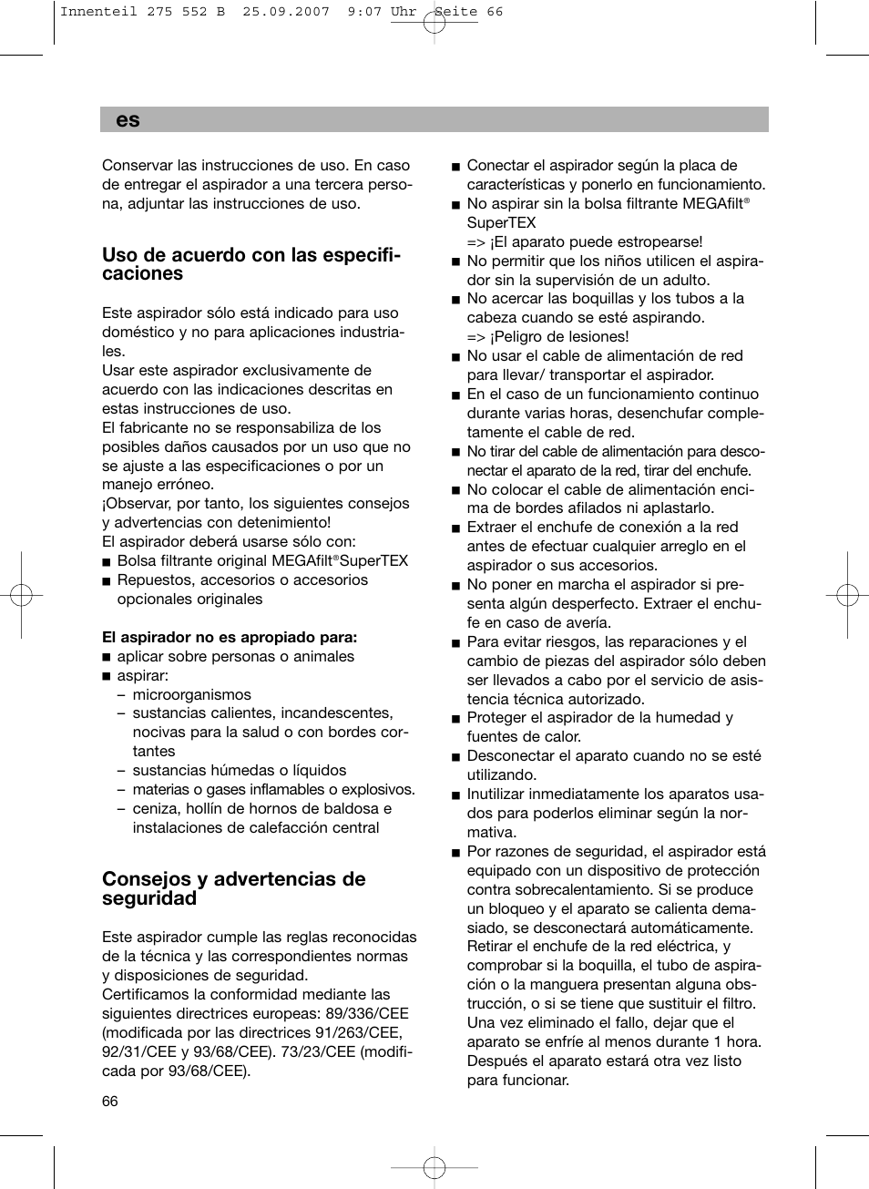 Uso de acuerdo con las especifi- caciones, Consejos y advertencias de seguridad | Bosch BSG8PRO1 User Manual | Page 71 / 157