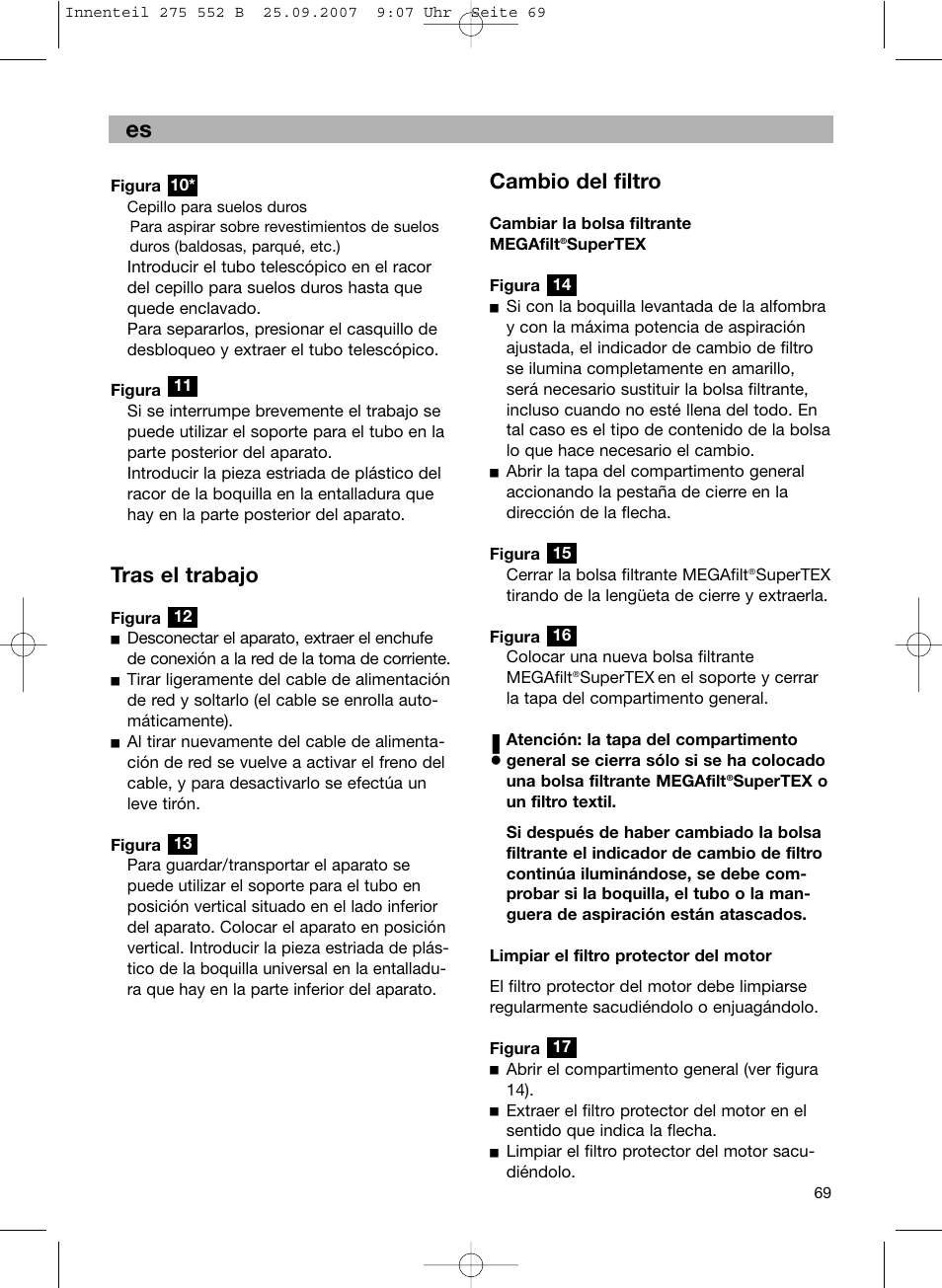 Cambio del filtro, Tras el trabajo | Bosch BSG8PRO1 User Manual | Page 74 / 157