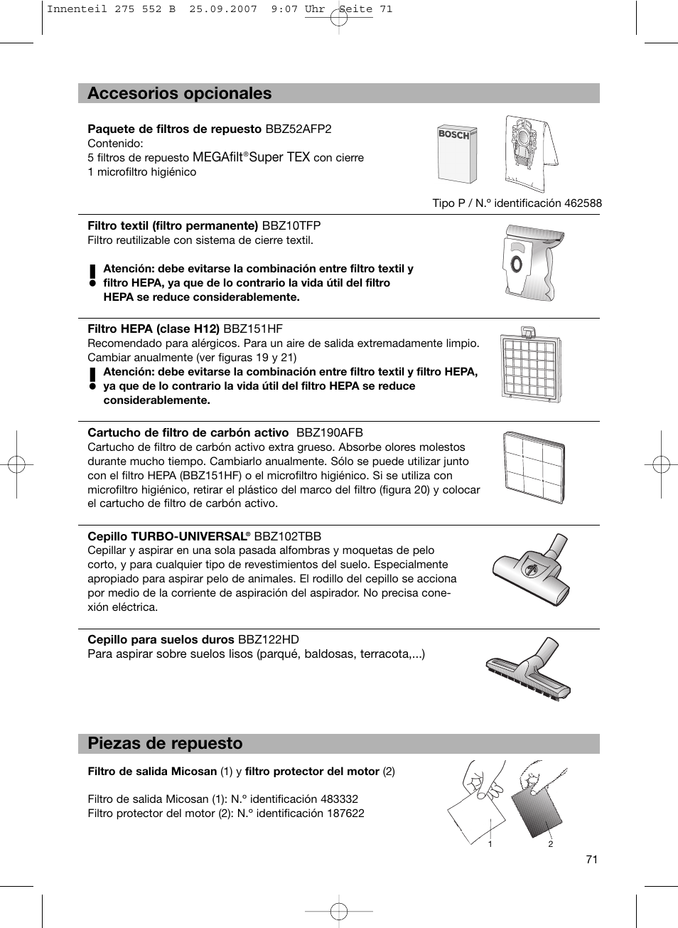 Accesorios opcionales piezas de repuesto | Bosch BSG8PRO1 User Manual | Page 76 / 157