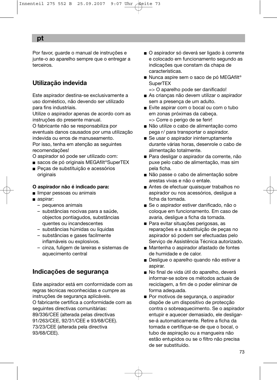 De pt, Utilização indevida, Indicações de segurança | Bosch BSG8PRO1 User Manual | Page 78 / 157