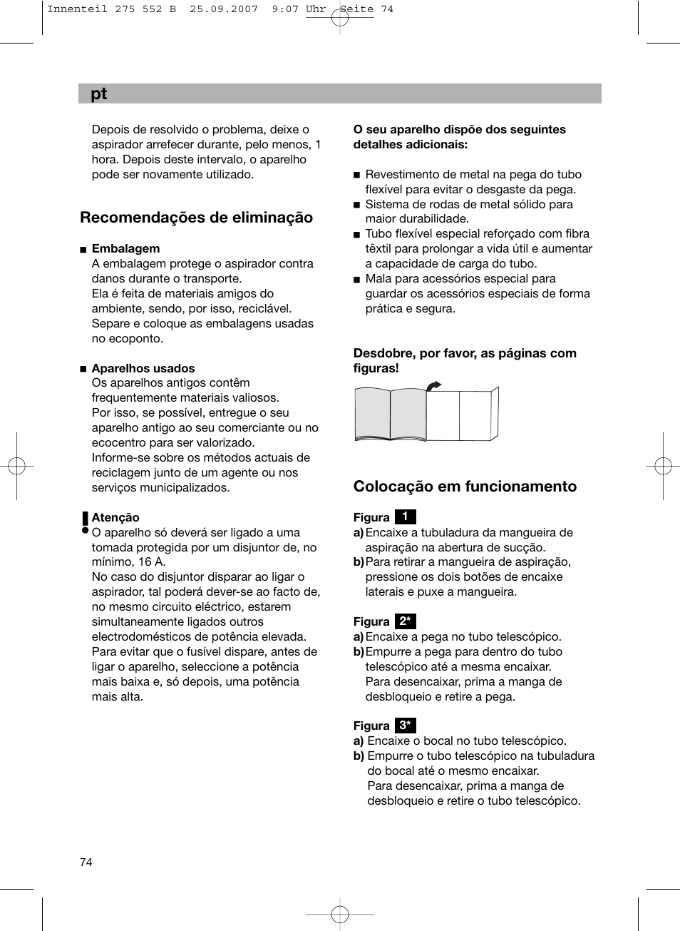 De pt, Recomendações de eliminação, Colocação em funcionamento | Bosch BSG8PRO1 User Manual | Page 79 / 157