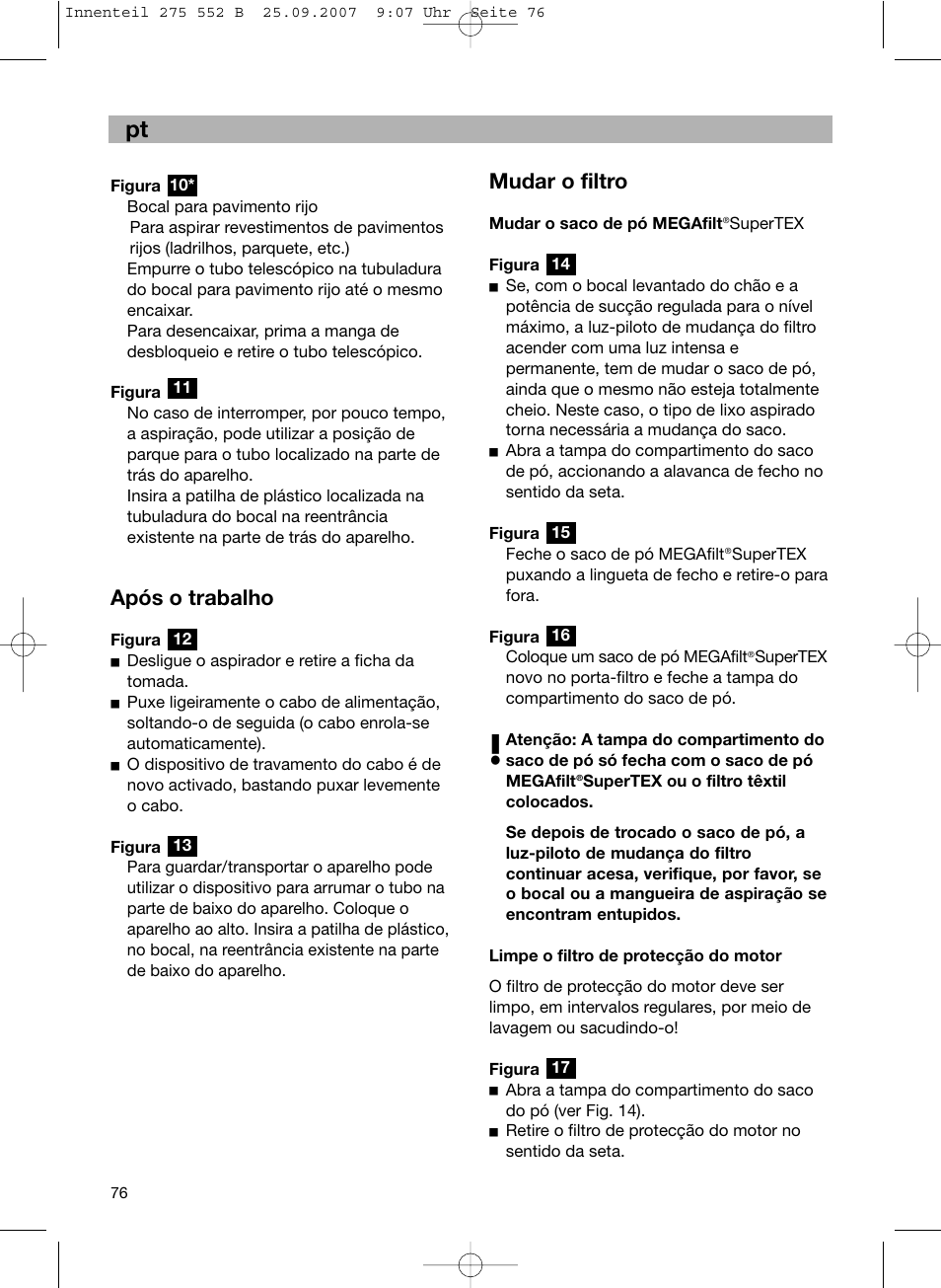 Mudar o filtro, Após o trabalho | Bosch BSG8PRO1 User Manual | Page 81 / 157