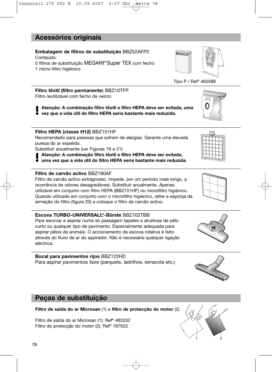 De acessórios originais peças de substituição | Bosch BSG8PRO1 User Manual | Page 83 / 157