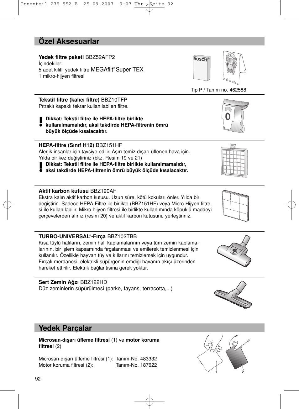 Özel aksesuarlar yedek parçalar | Bosch BSG8PRO1 User Manual | Page 97 / 157