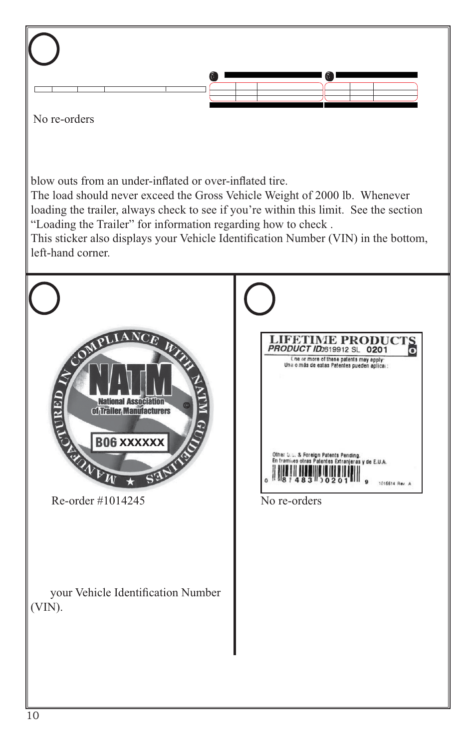Tire and loading information, Natm compliance, Patent advisory | 5hrughu 1ruhrughuv | Lifetime 65004 User Manual | Page 10 / 76