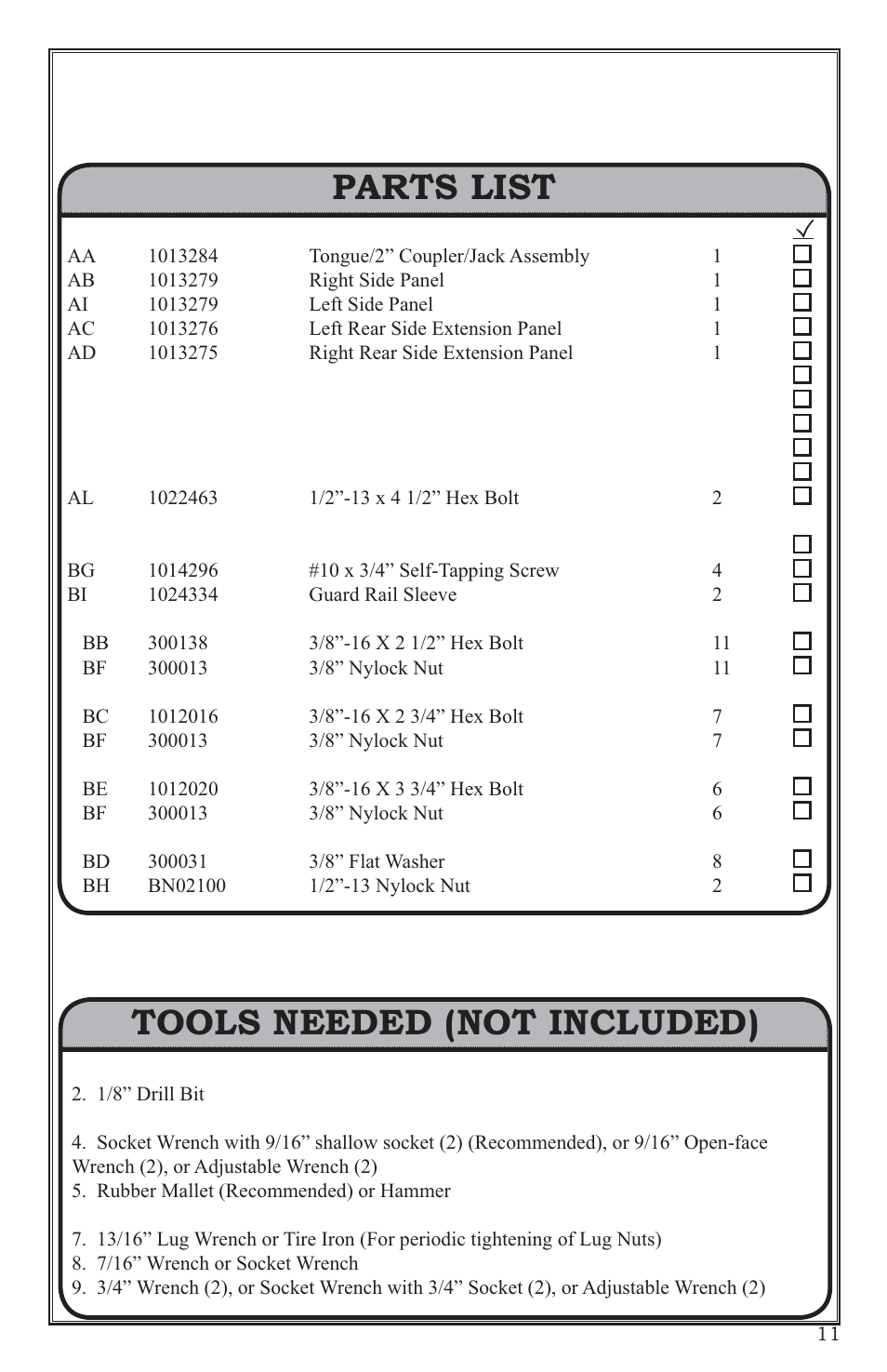 Parts list, Tools needed (not included) | Lifetime 65004 User Manual | Page 11 / 76