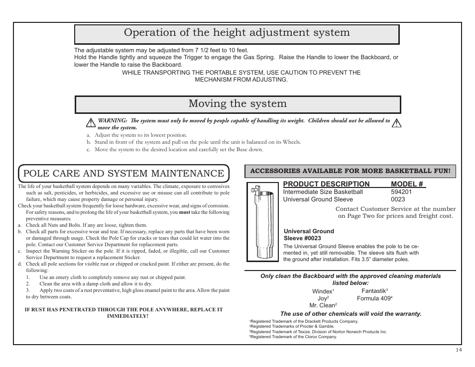 Operation of the height adjustment system, Moving the system, Pole care and system maintenance | Lifetime #7525 User Manual | Page 14 / 17
