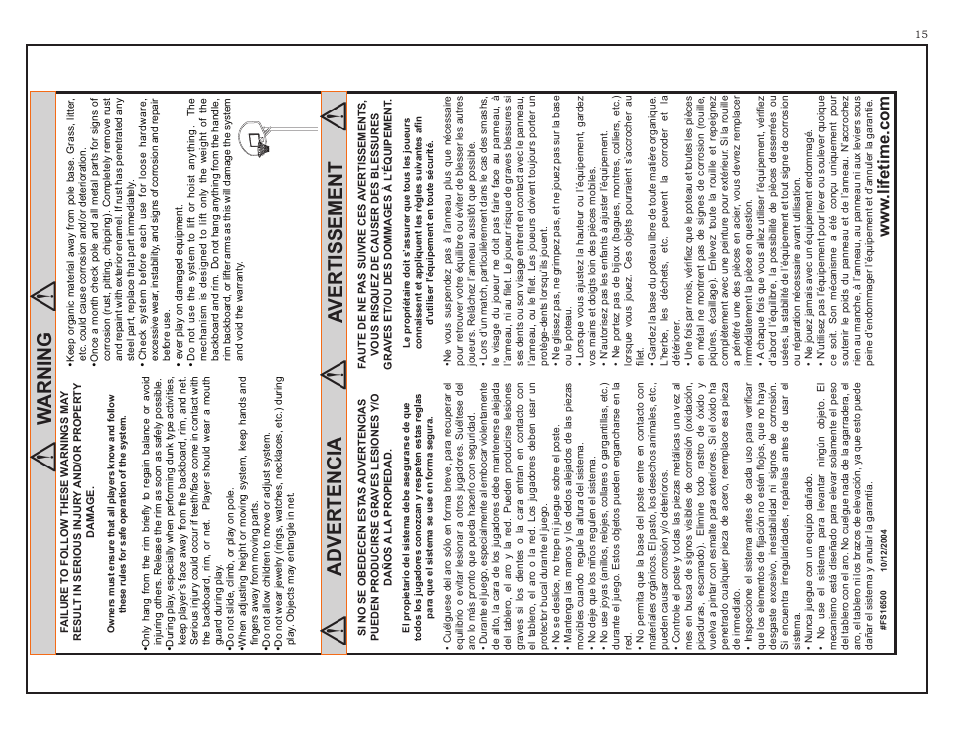 Warning, Advertencia avertissement | Lifetime #7525 User Manual | Page 15 / 17