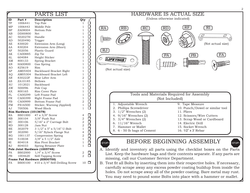 Parts list, Before beginning assembly, Hardware is actual size | Lifetime #7525 User Manual | Page 2 / 17