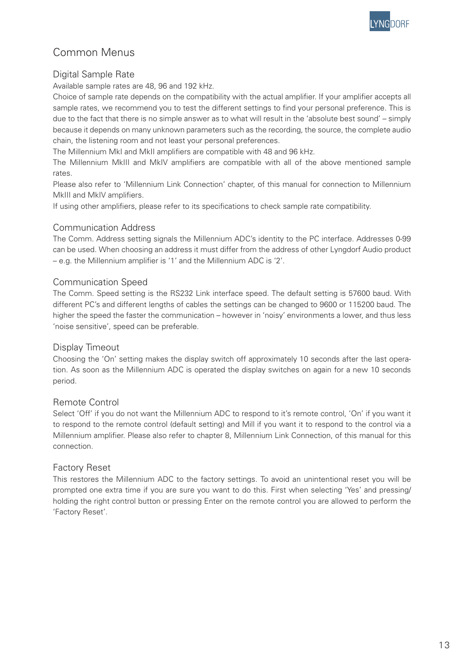 Common menus | Lyngdorf Audio Millenium ADC Analog/Digital Converter User Manual | Page 13 / 24