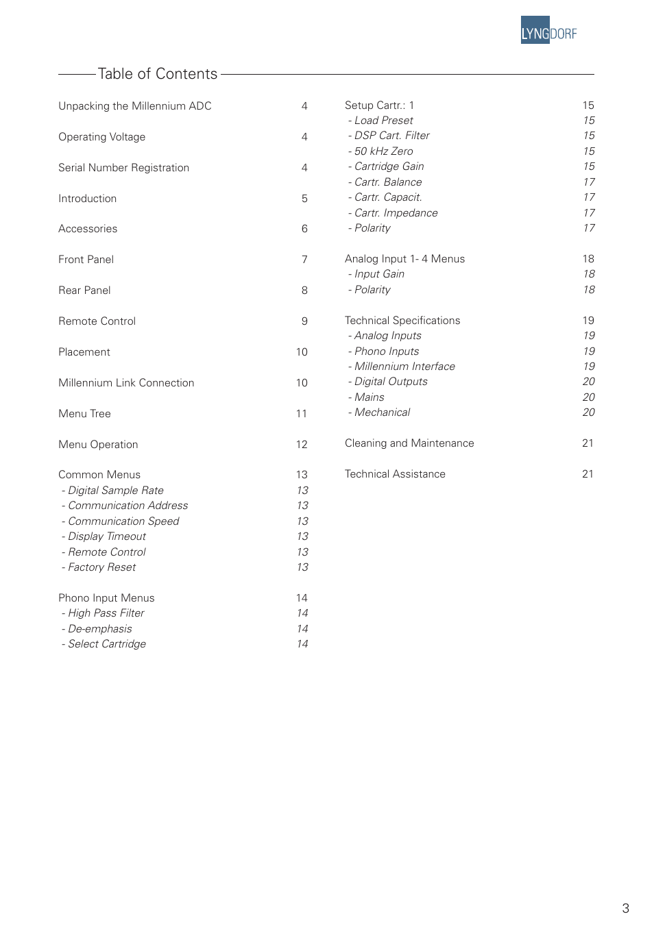Lyngdorf Audio Millenium ADC Analog/Digital Converter User Manual | Page 3 / 24