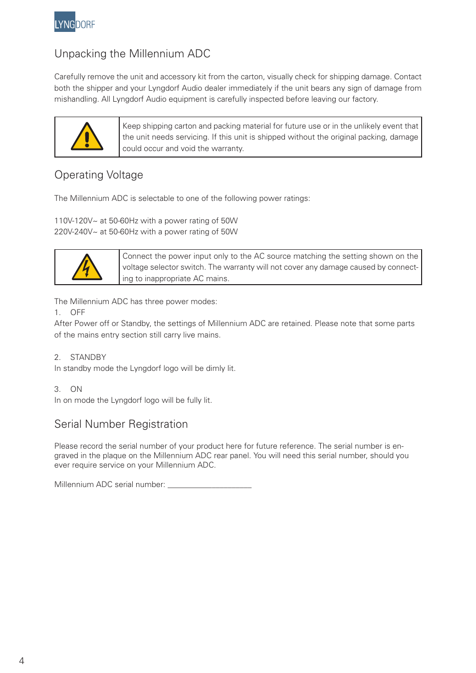 Unpacking the millennium adc, Operating voltage, Serial number registration | Lyngdorf Audio Millenium ADC Analog/Digital Converter User Manual | Page 4 / 24
