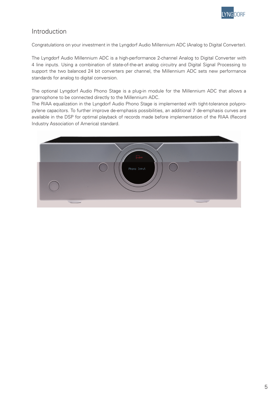 Introduction | Lyngdorf Audio Millenium ADC Analog/Digital Converter User Manual | Page 5 / 24