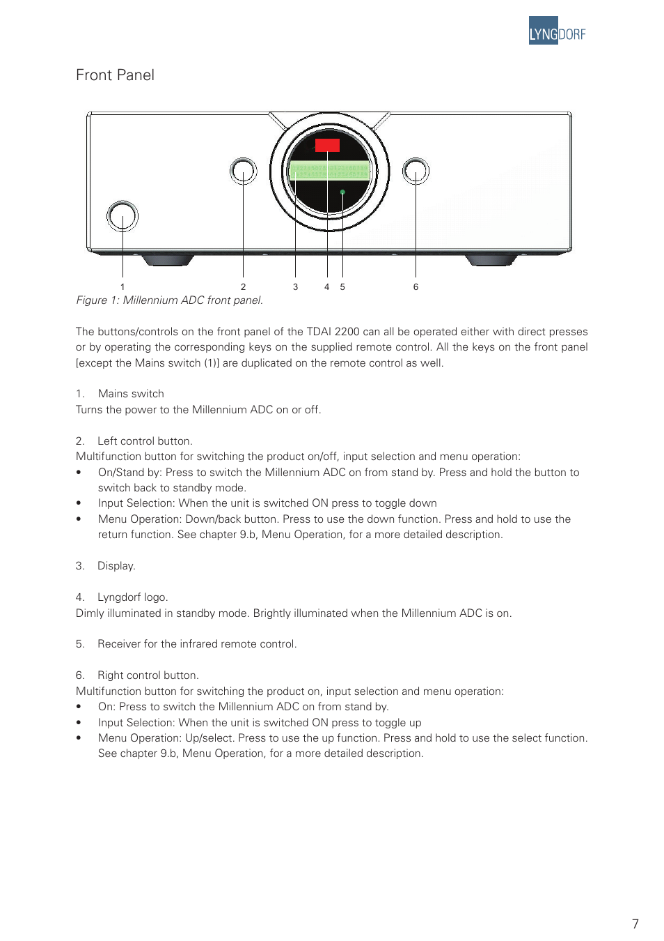 Front panel | Lyngdorf Audio Millenium ADC Analog/Digital Converter User Manual | Page 7 / 24
