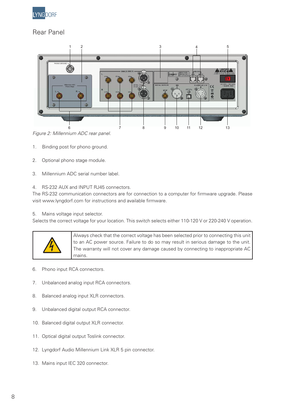 Rear panel | Lyngdorf Audio Millenium ADC Analog/Digital Converter User Manual | Page 8 / 24