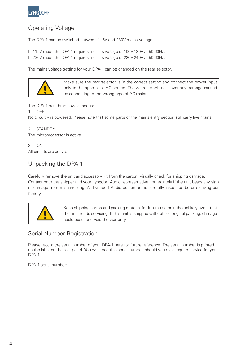 Operating voltage, Unpacking the dpa-1, Serial number registration | Lyngdorf Audio DPA-1 User Manual | Page 4 / 40