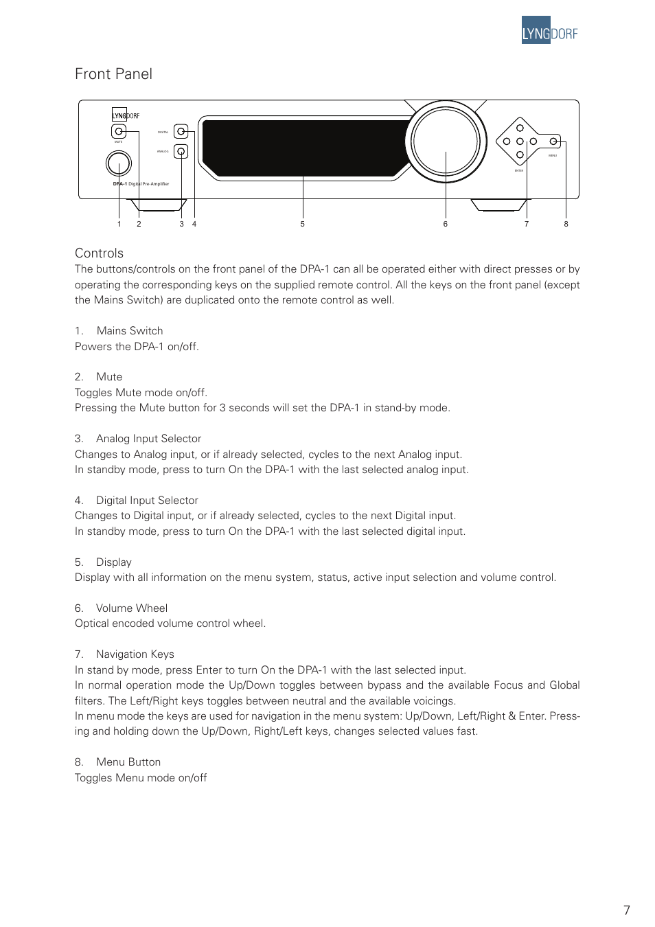 Front panel, Controls | Lyngdorf Audio DPA-1 User Manual | Page 7 / 40