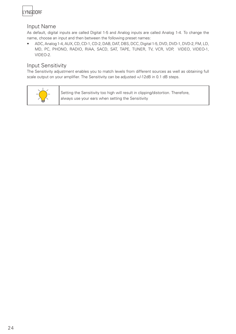 Input name, Input sensitivity | Lyngdorf Audio TDAI 2200 User Manual | Page 24 / 40