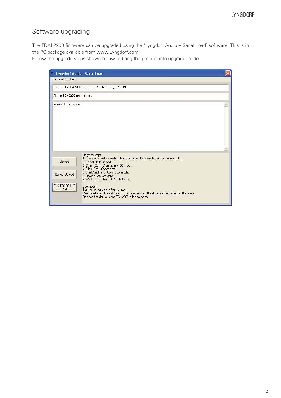 Software upgrading | Lyngdorf Audio TDAI 2200 User Manual | Page 31 / 40