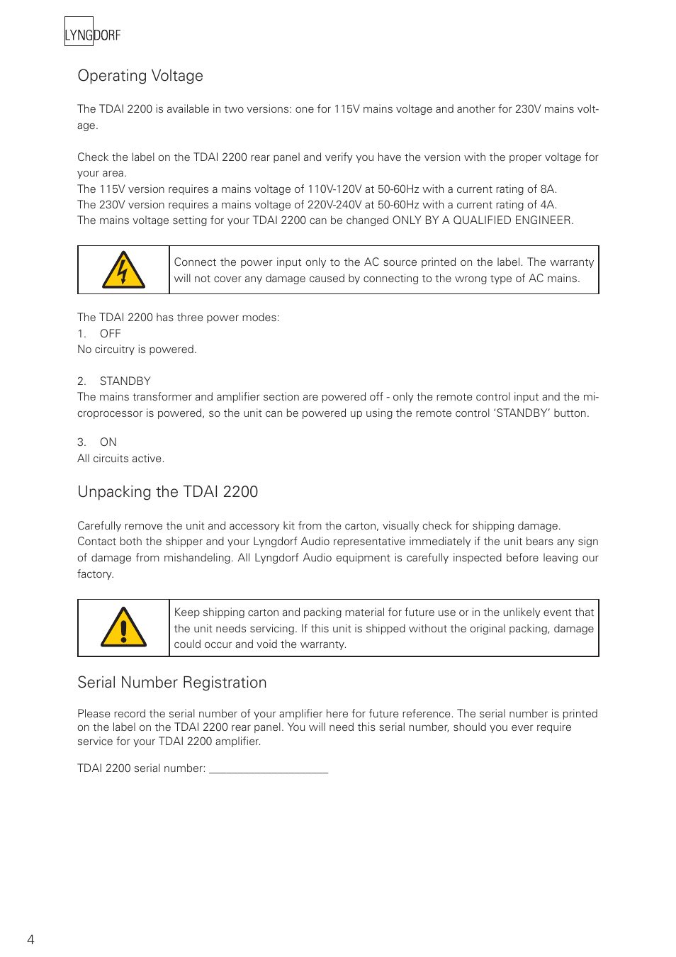 Operating voltage, Unpacking the tdai 2200, Serial number registration | Lyngdorf Audio TDAI 2200 User Manual | Page 4 / 40