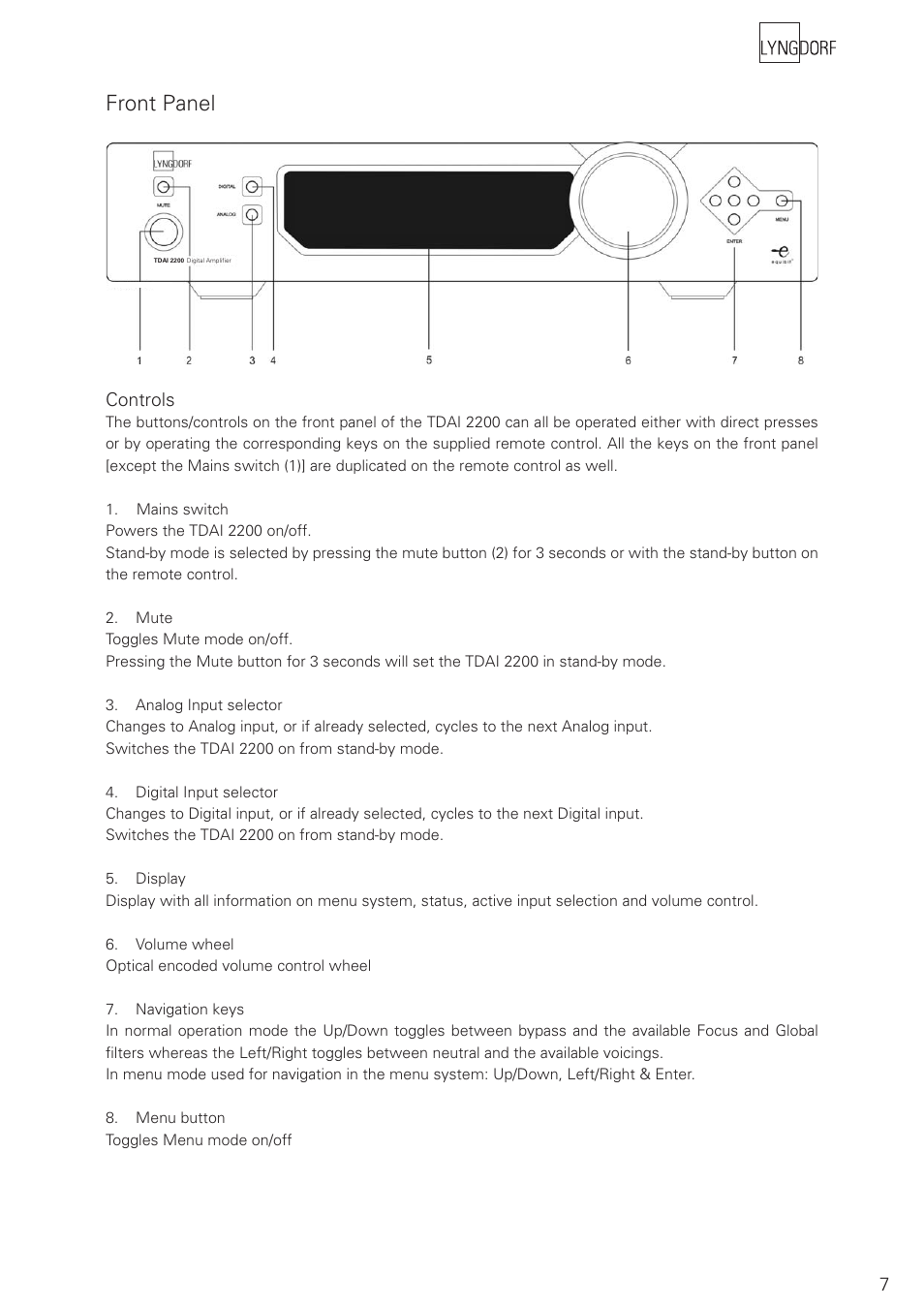 Front panel | Lyngdorf Audio TDAI 2200 User Manual | Page 7 / 40