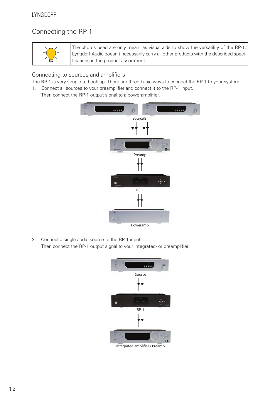 Connecting the rp-1, Connecting to sources and amplifi ers | Lyngdorf Audio RoomPerfect RP-1 User Manual | Page 12 / 40