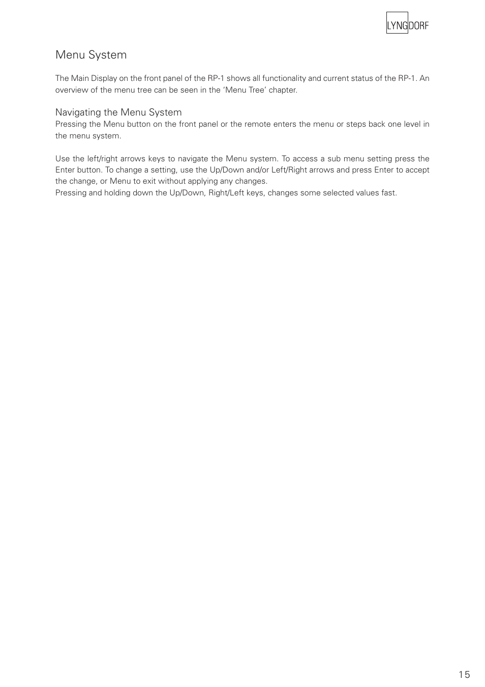 Menu system | Lyngdorf Audio RoomPerfect RP-1 User Manual | Page 15 / 40