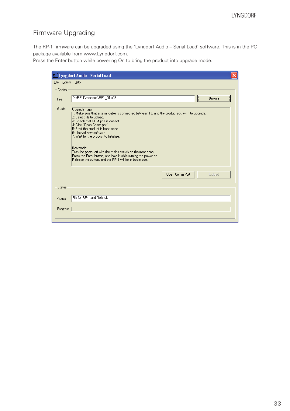 Firmware upgrading | Lyngdorf Audio RoomPerfect RP-1 User Manual | Page 33 / 40