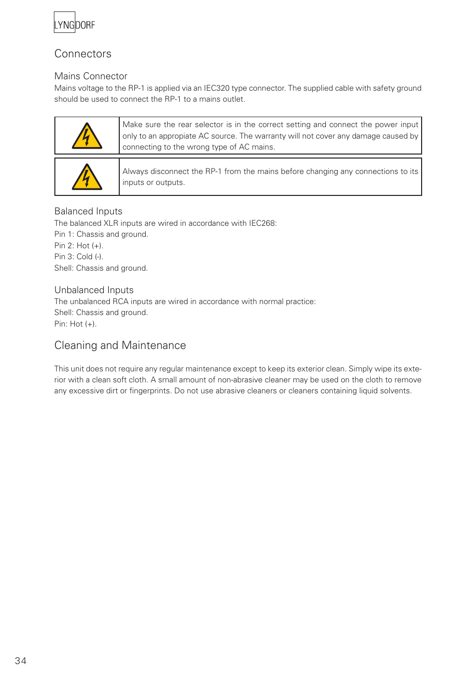 Connectors, Cleaning and maintenance | Lyngdorf Audio RoomPerfect RP-1 User Manual | Page 34 / 40