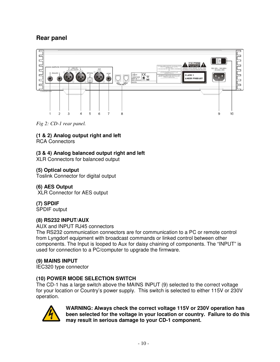 Rear panel | Lyngdorf Audio CD-1 User Manual | Page 10 / 21