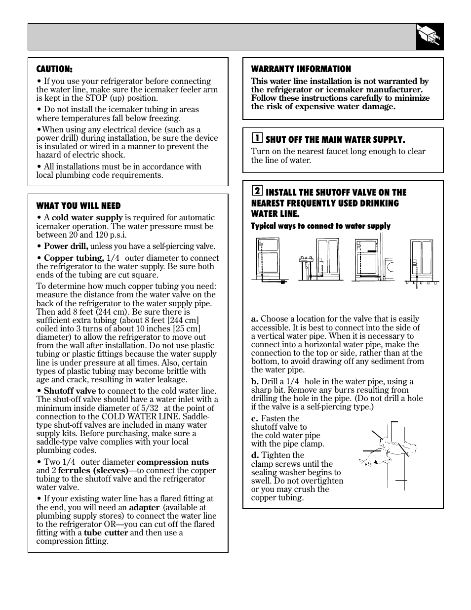 Installation, Water line installation, Water line installation , 20 | Water line installation instructions 19, 2caution, Warranty information, What you will need, Shut off the main water supply | LivinBox Storage Products Co. 24 User Manual | Page 19 / 92