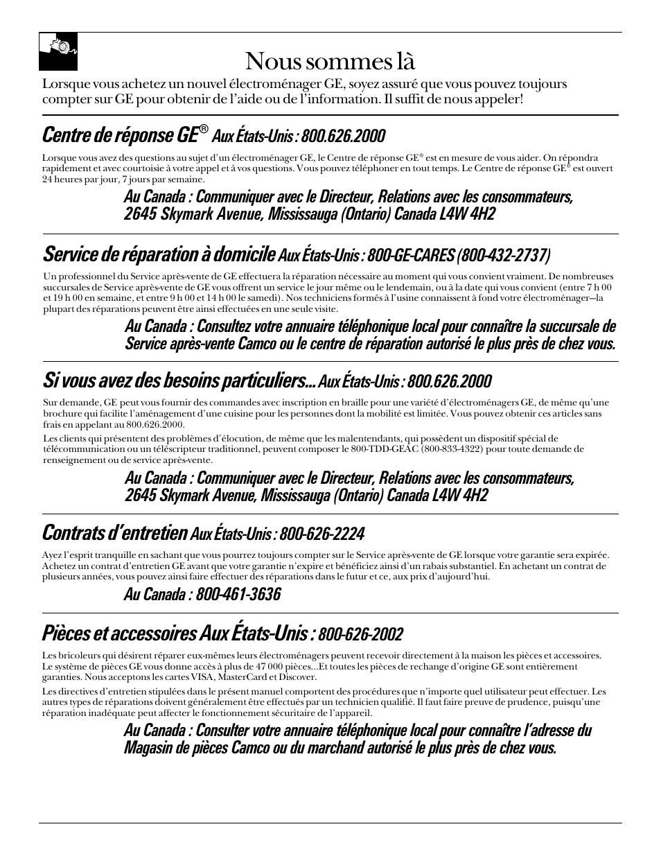 Nous sommes là, Si vous avez des besoins particuliers, Service de réparation à domicile | Centre de réponse ge, Contrats d’entretien, Pièces et accessoires aux états-unis | LivinBox Storage Products Co. 24 User Manual | Page 34 / 92