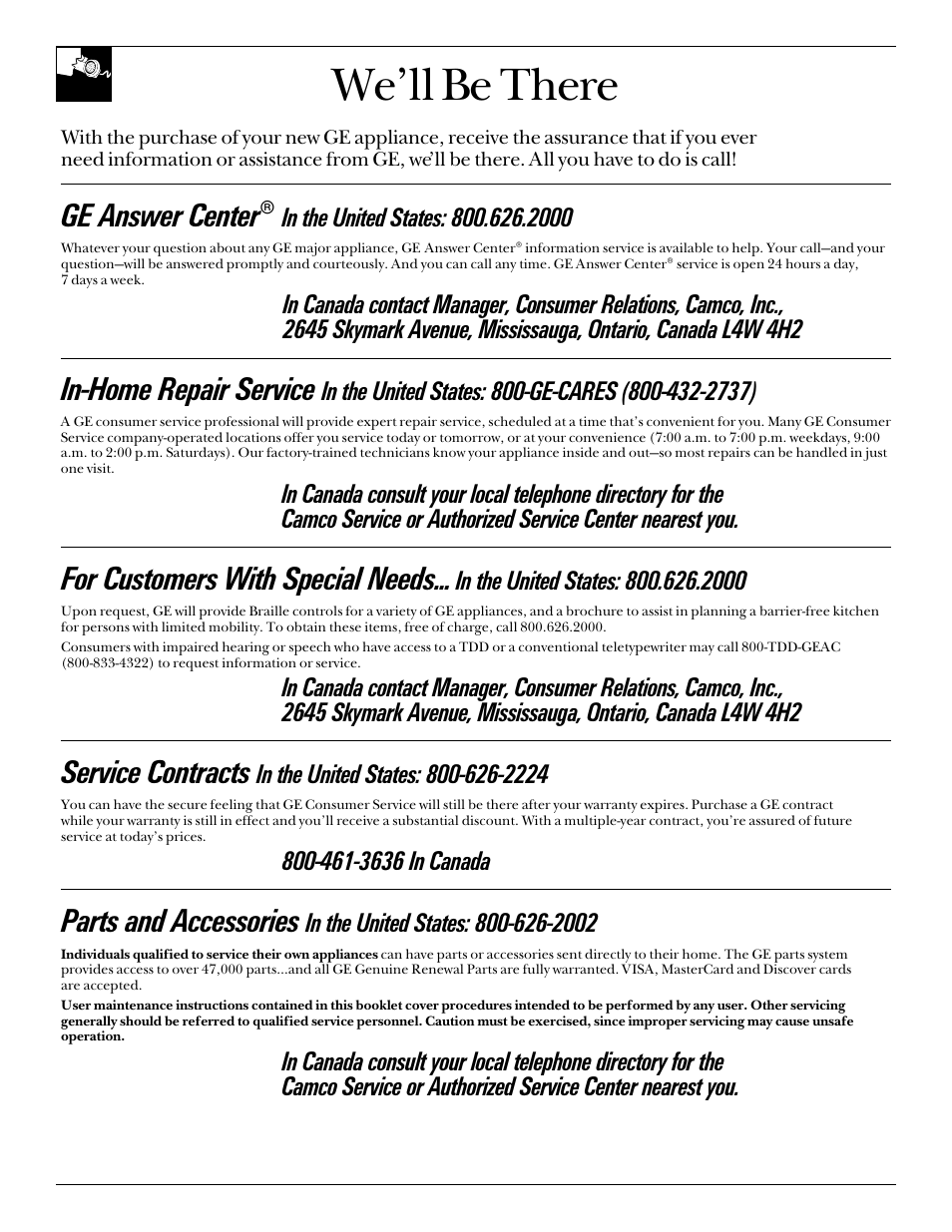 We’ll be there, In-home repair service, Ge answer center | Service contracts, Parts and accessories, For customers with special needs | LivinBox Storage Products Co. 24 User Manual | Page 4 / 92