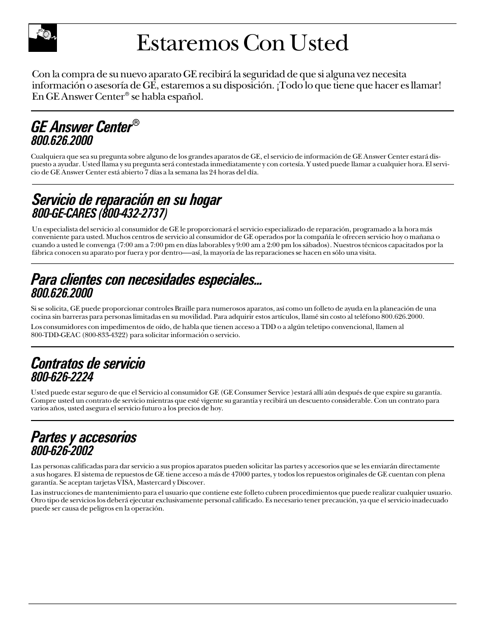 Estaremos con usted, Servicio de reparación en su hogar, Ge answer center | Contratos de servicio, Partes y accesorios, Para clientes con necesidades especiales | LivinBox Storage Products Co. 24 User Manual | Page 64 / 92